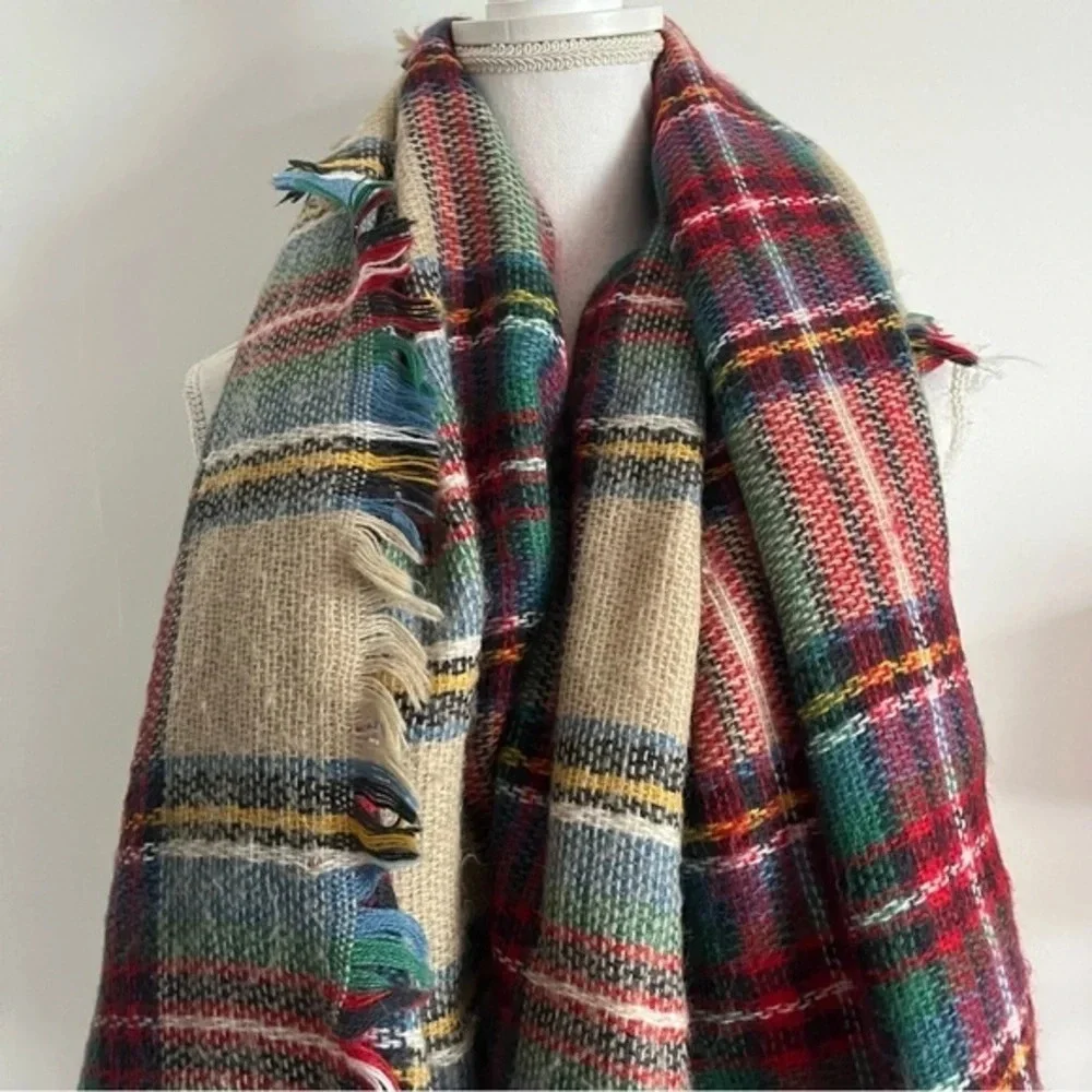 Unbranded Red Cream Green Multi Colored Plaid Blanket Scarf
